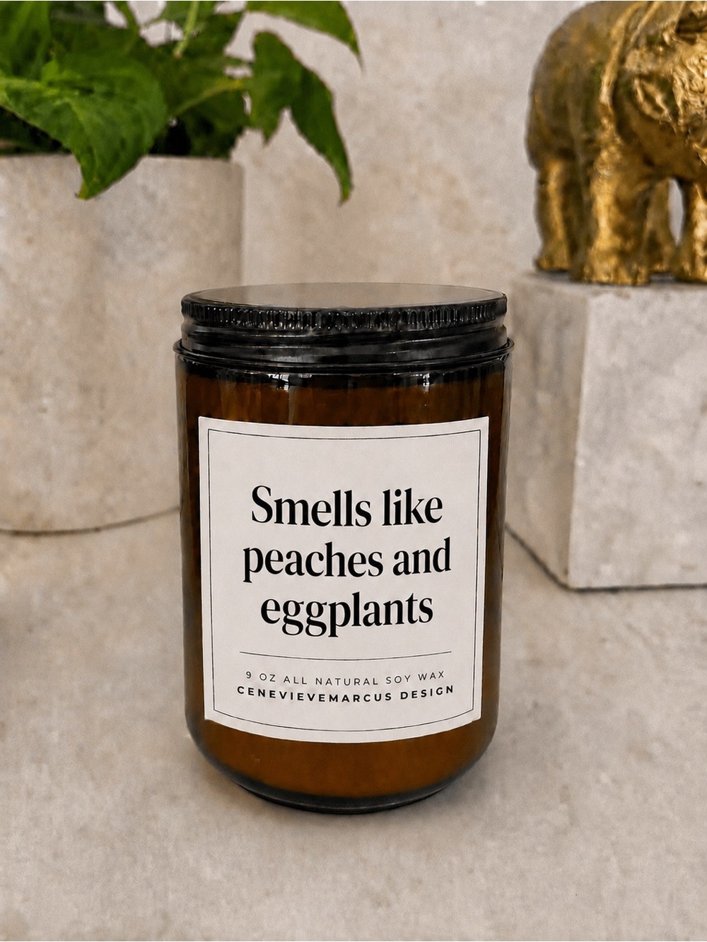 'Smells Like Peaches and Eggplants' Amber Glass Candle - Brown
